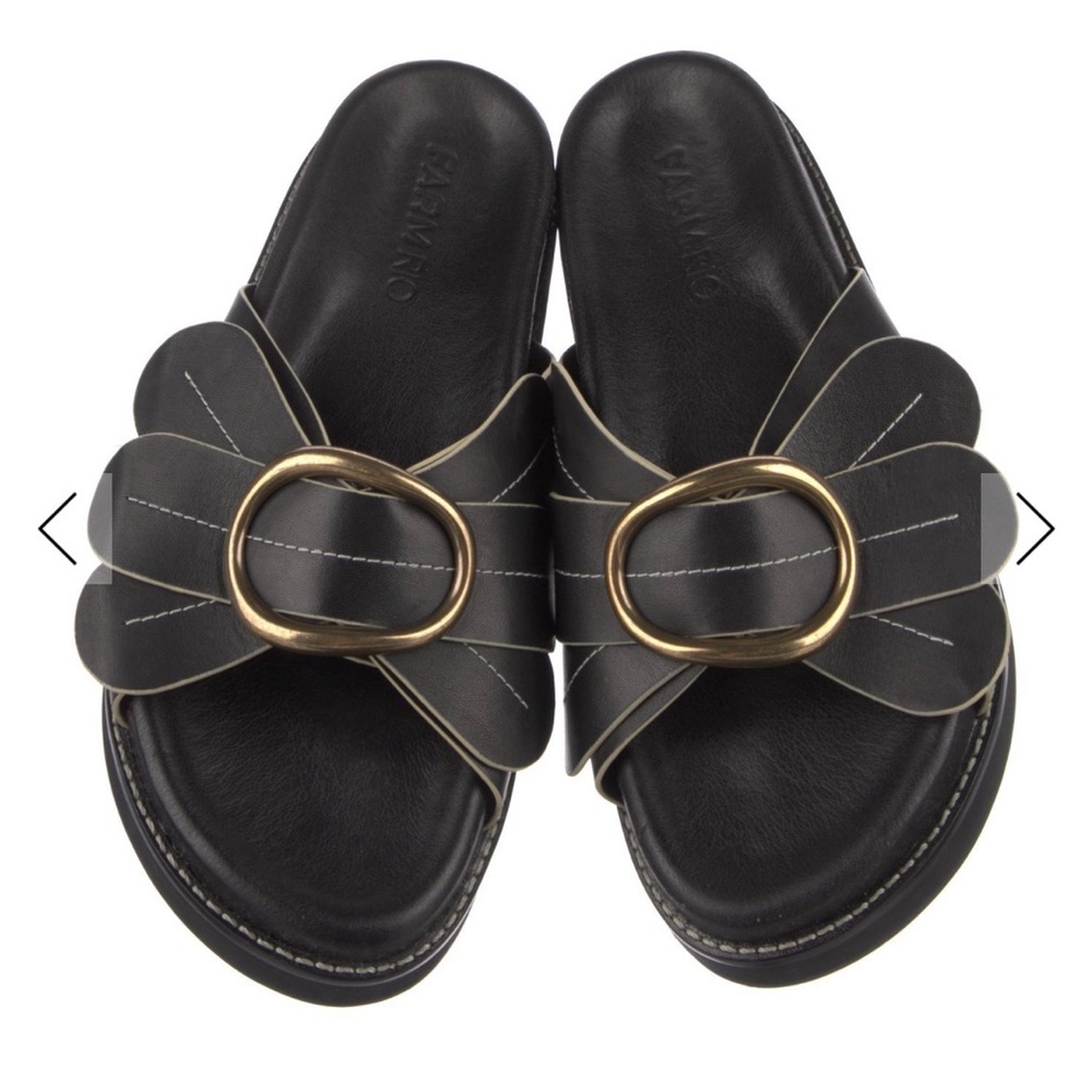 FARM Rio Black Leather Floral Buckle Slide Sandals with Gold Accent